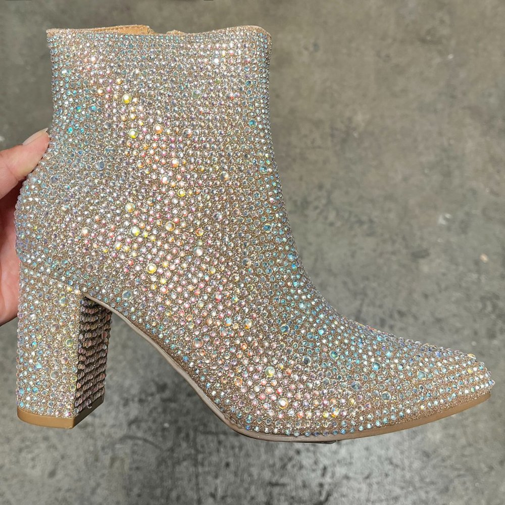 New Women Champagne Gold Rhinestone Glitter Pointy Ankle Boots Booties - Picture 6 of 9